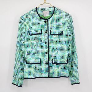 Vintage Adrianna Papell Green Watercolor Windowpane Skirt Set Silk Size 6 Petite